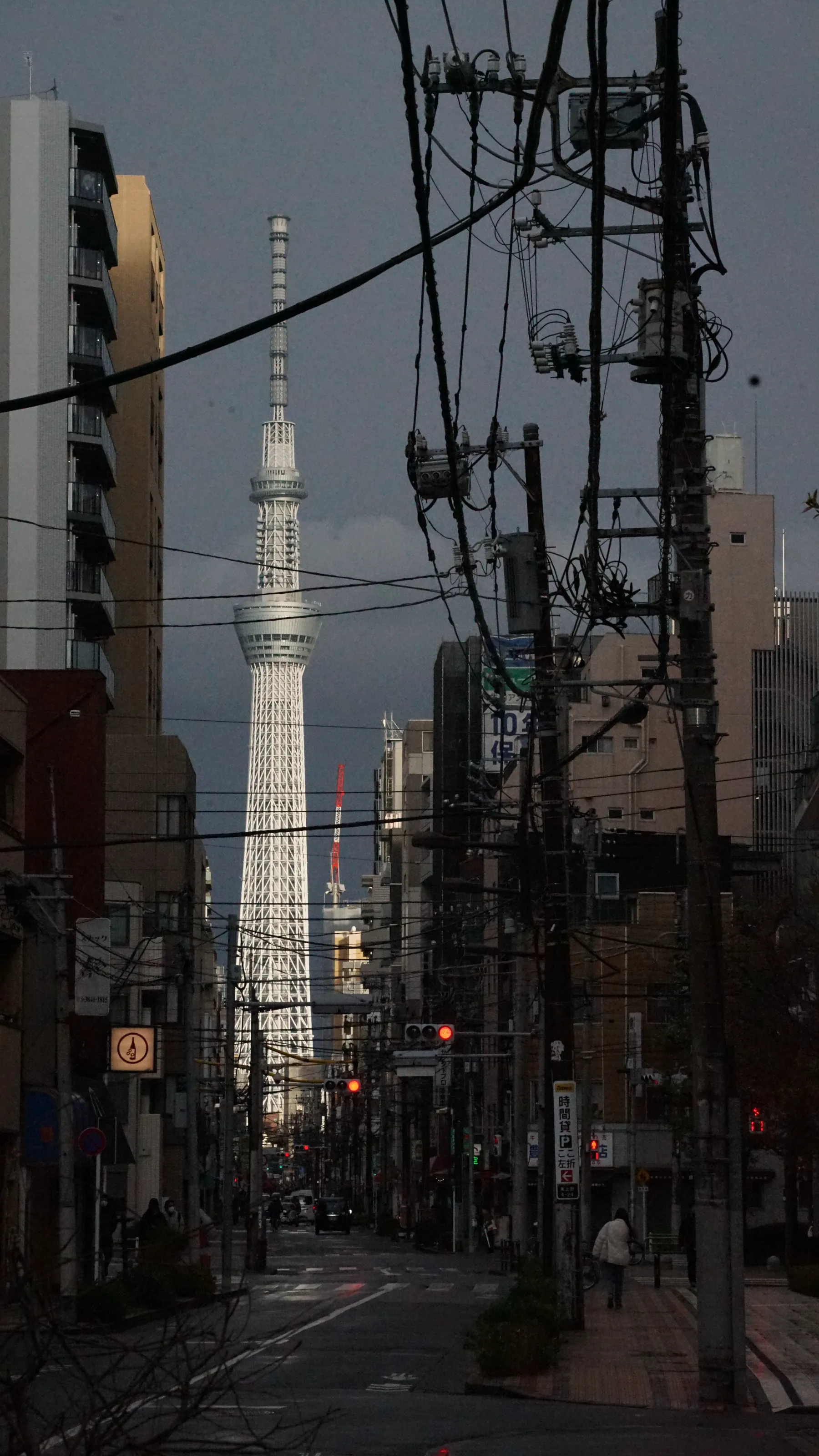 Tokyo Skytree zwischen Gebäuden und Stromleitungen