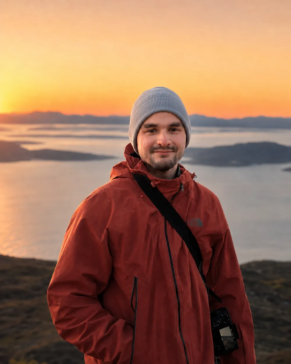 Silas auf einer Reise vor einer Küstenlandschaft
